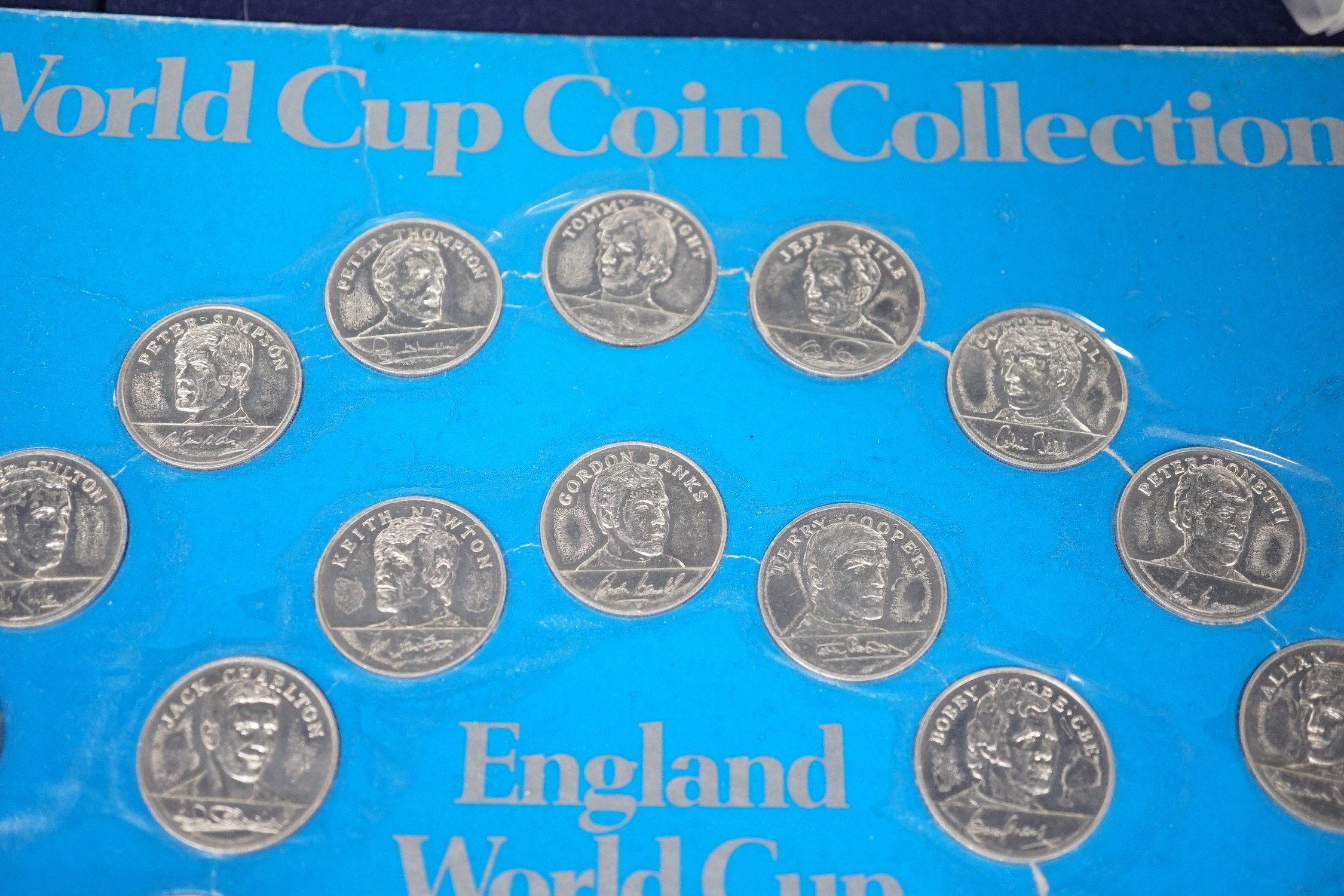 Shell and Esso collector's medals and coins for 1970 World cup, man in flight and FA cup centenary 1872-1972